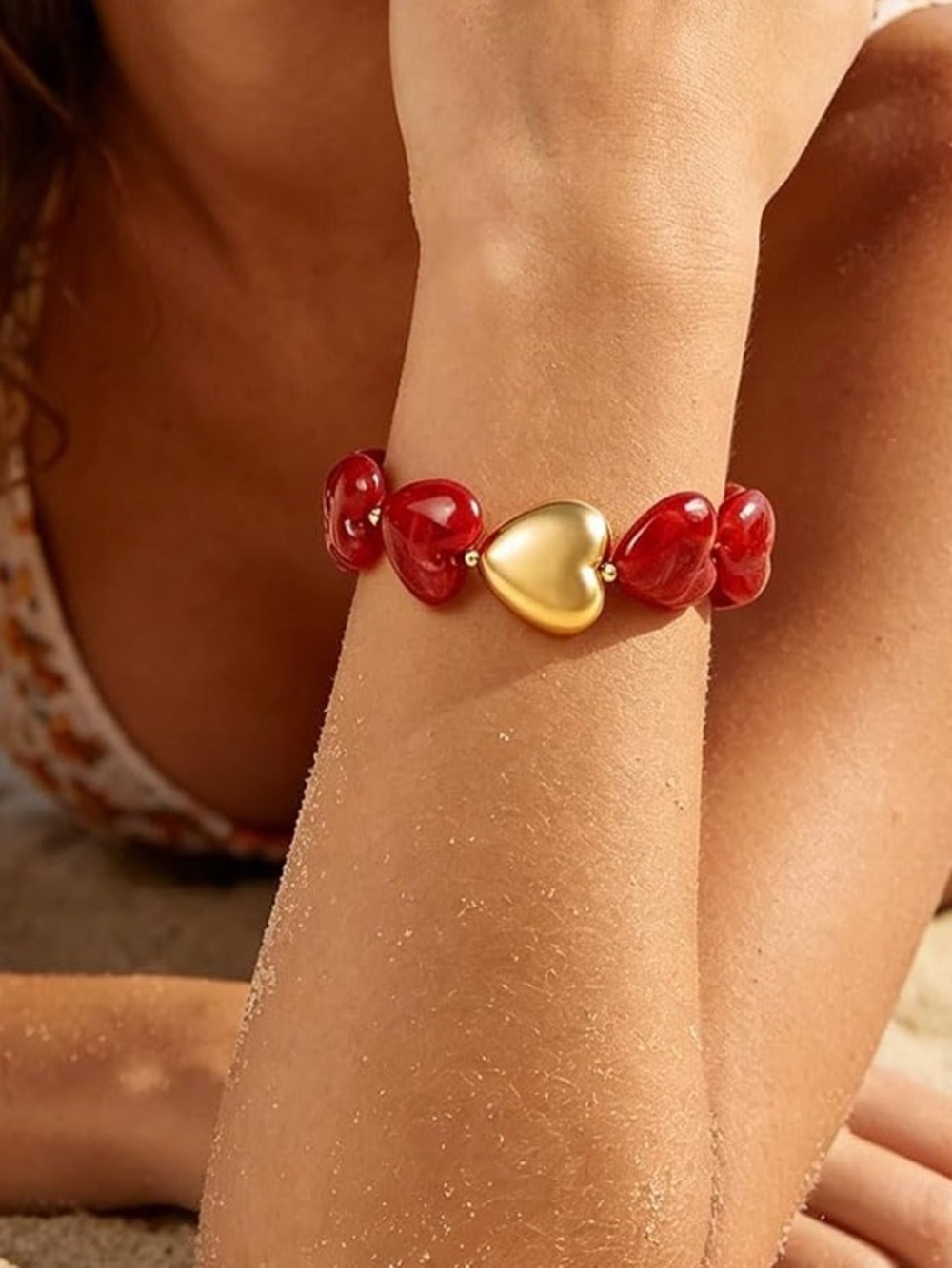 New Red Heart Bead Bracelet with Gold Heart Accent